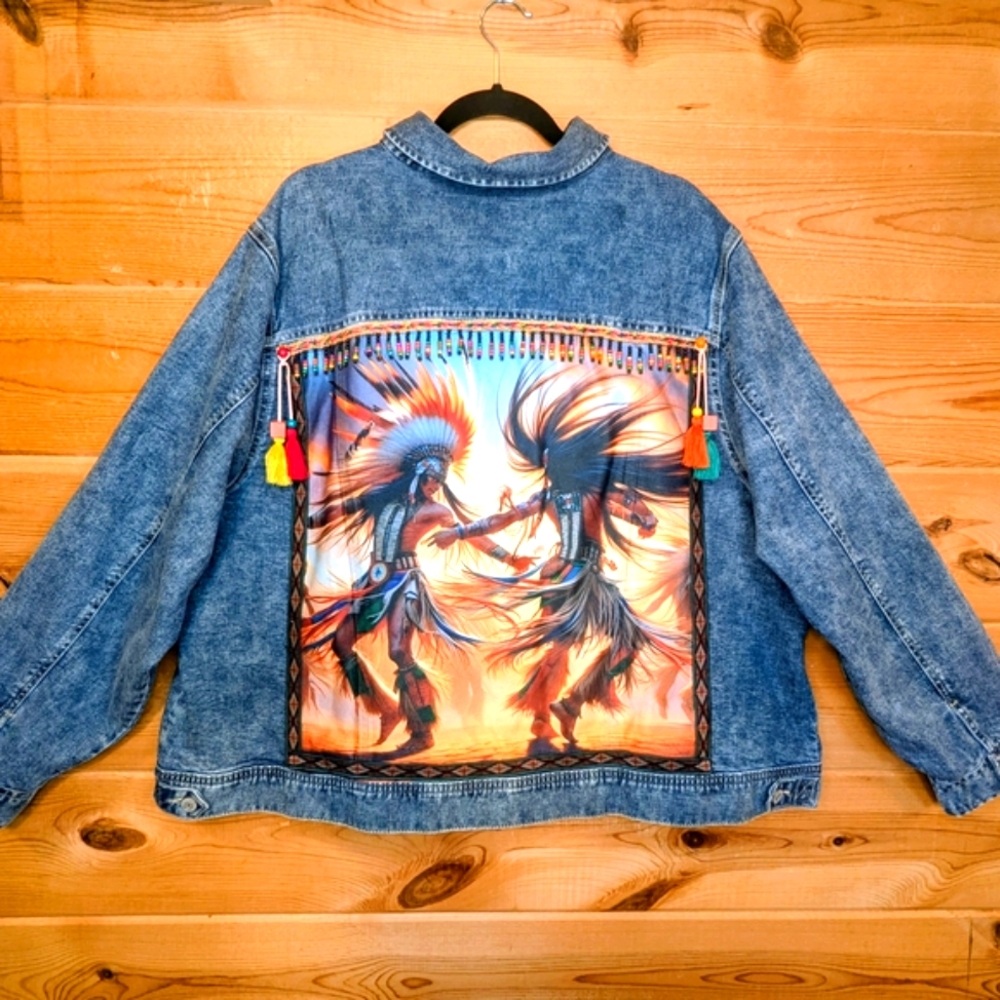 EST 1946 Denim Embellished Jean Jacket with Native American Men Dancing